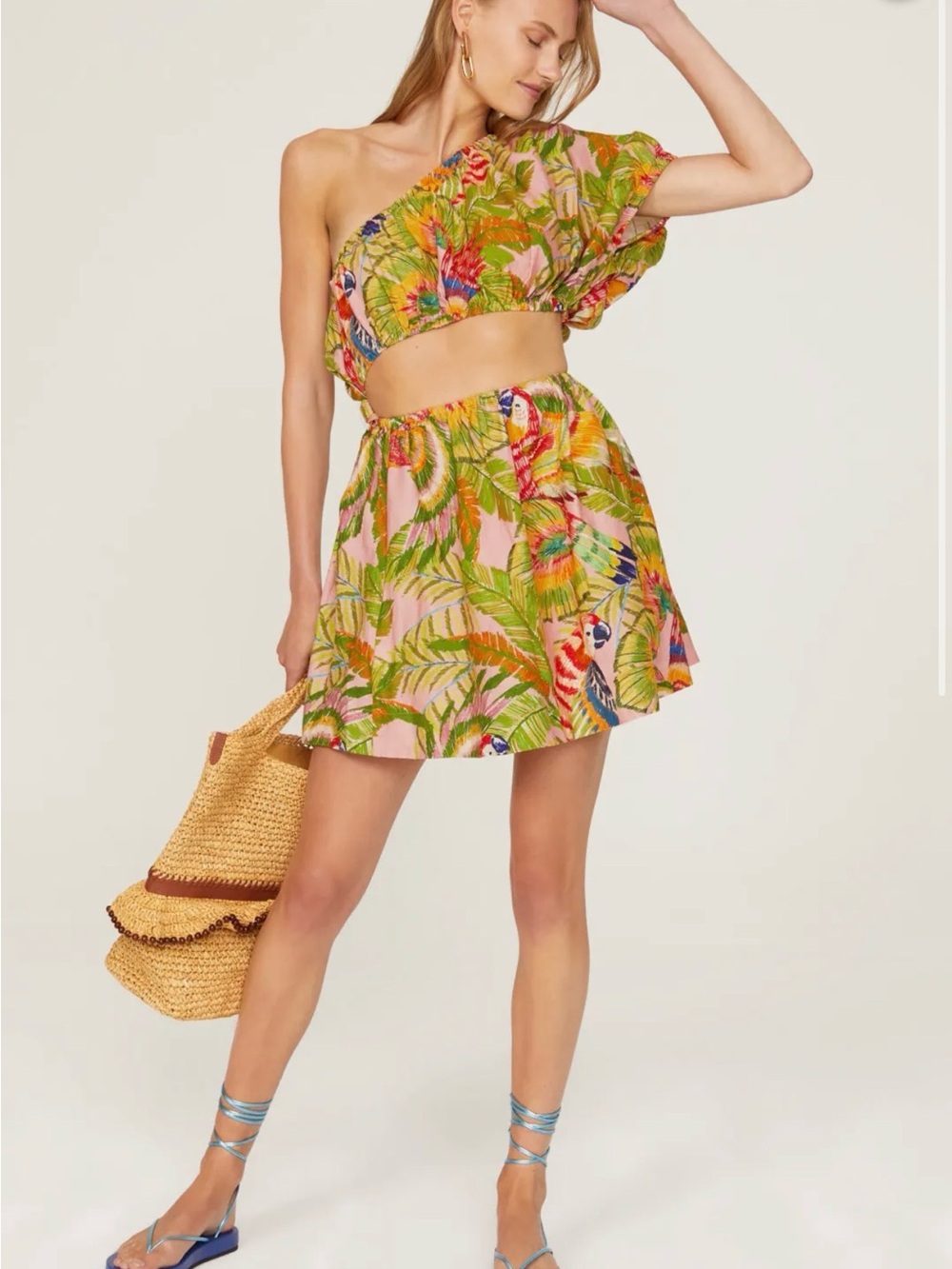 FARM Rio Pink Tropical One-Shoulder Crop Top and Skirt Set